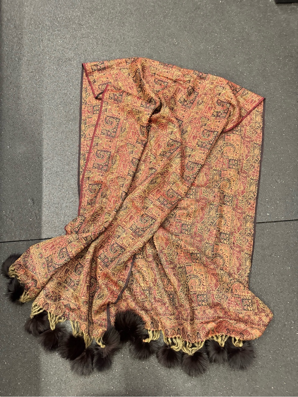 Woven Paisley Scarf with Black Fur Pom Trim - Red and Orange Quiet Luxury